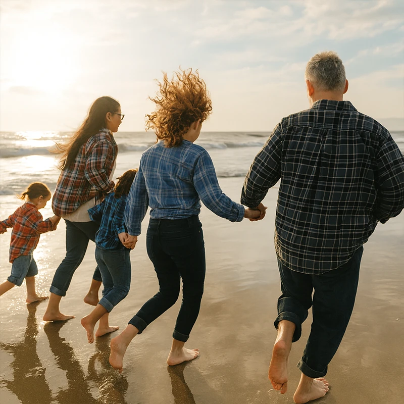 Familie am Strand, alle Hand in Hand. Jugend- und Familienberatung